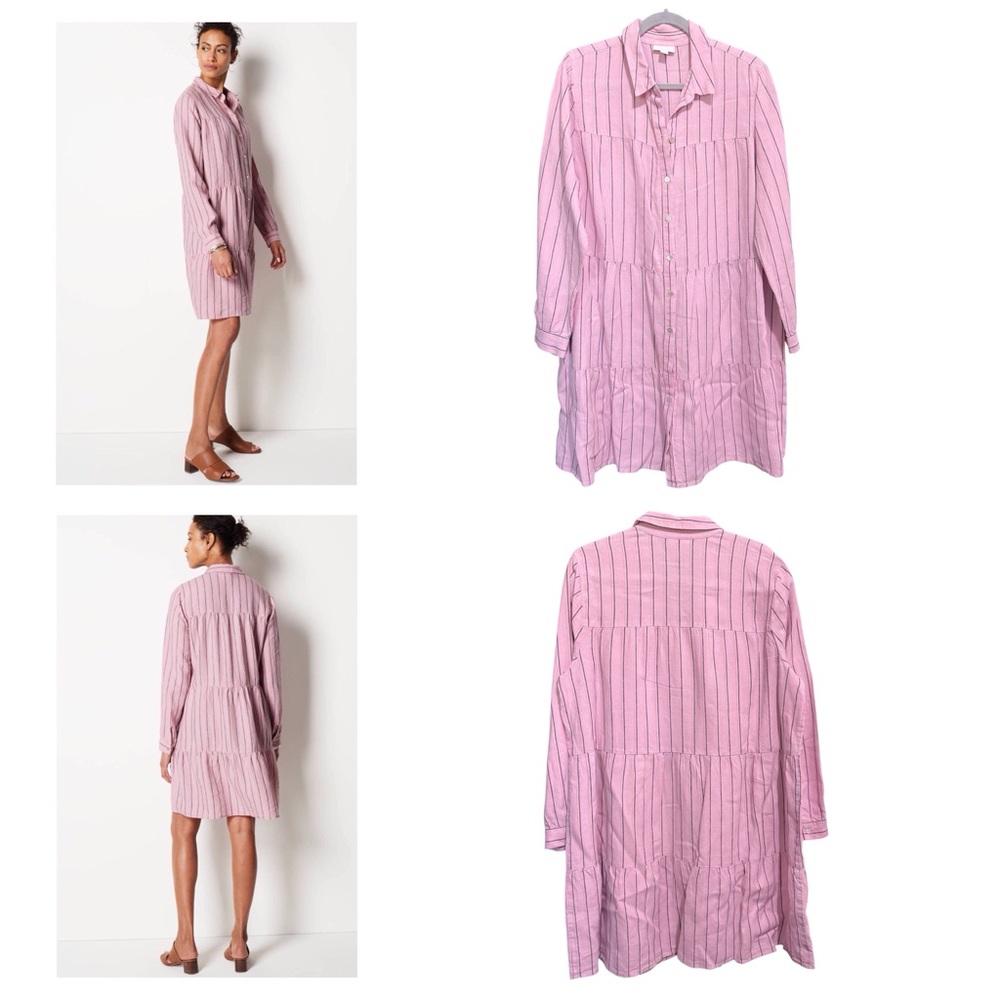 J. Jill Love Linen 100% Linen Pink Striped Button Down Tiered Long Sleeve Dress